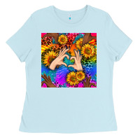 Baby Blue Heart And Sunflowers With Neon Leopard Patterns Ladies Tee - BundleAndBundleShop