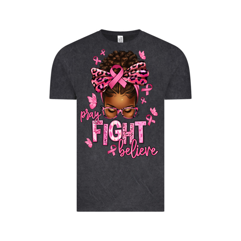 Pray Fight Believe Breast Cancer Afro Messy Vintage Tee by texasbilliewilder | Teevron