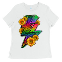 White LGBTQ+ Lightnin' Bolt With Sunflower Ladies Tee - BundleAndBundleShop