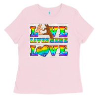 Bubblegum Pink Western LGBTQ+ Love Lives Here Tumbler Ladies Tee - BundleAndBundleShop