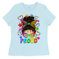 Baby Blue LGBTQ+ Messy Bun With Colorful Stars Ladies Tee - BundleAndBundleShop