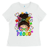 White LGBTQ+ Messy Bun With Colorful Stars Ladies Tee - BundleAndBundleShop