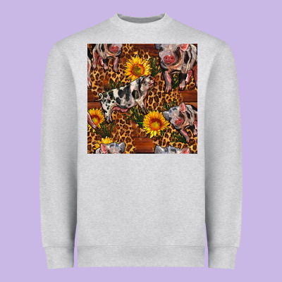 Western Spotted Pig With Sunflowers Seamless Heavyweight Sweatshirt Designed By Fadigitalartstudio
