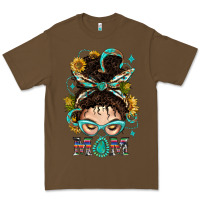 Cacao Western Messy Bun Mom With Sunflower Premium Tee - BundleAndBundleShop