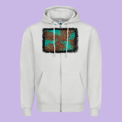 Western Leopard Turquoise Glitter Tooled Leather Zipper Hoodie Designed By Fadigitalartstudio