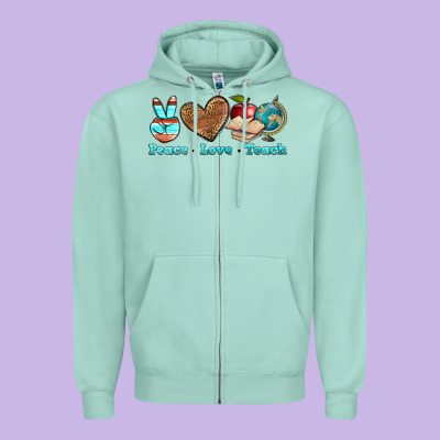 Peace Love Teach Zipper Hoodie Designed By Bundleandbundleshop