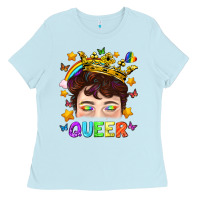 Baby Blue LGBTQ+ Queer Portrait With Crown And Rainbow Ladies Tee - BundleAndBundleShop