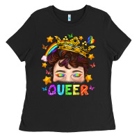 Black LGBTQ+ Queer Portrait With Crown And Rainbow Ladies Tee - BundleAndBundleShop