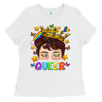 White LGBTQ+ Queer Portrait With Crown And Rainbow Ladies Tee - BundleAndBundleShop