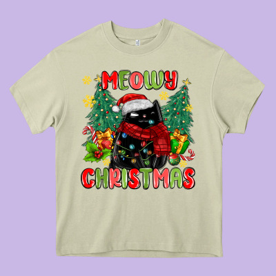 Meowy Christmas Black Cat Heavy Core Tee Designed By Maliassmallbusiness