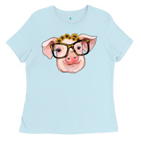 Baby Blue sunflowers with pig Ladies Tee - RanaPortraitStore