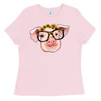 Bubblegum Pink sunflowers with pig Ladies Tee - RanaPortraitStore