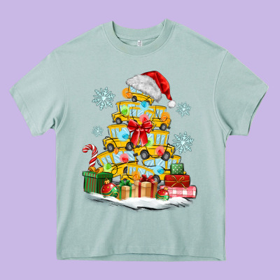 Christmas Tree With School Bus Heavy Core Tee Designed By Maliassmallbusiness