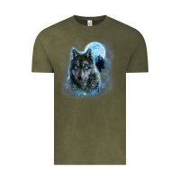Vintage Olive t shirt, grey wolf hunting ground, icy moon, forest, galaxy Vintage Tee - linhVisuals