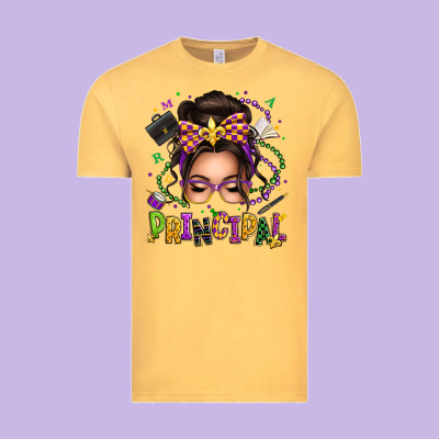 Mardi Gras Principal Caucasian Messy Bun Vintage Tee Designed By Texasbilliewilder