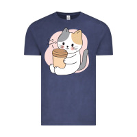 Vintage Denim Cat Drinking Coffee Kitten Kawaii Japanese Kitty Vintage Tee - linhVisuals