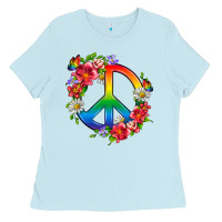 Baby Blue Peace Pride LGBTQ+ And Flowers Ladies Tee - BundleAndBundleShop