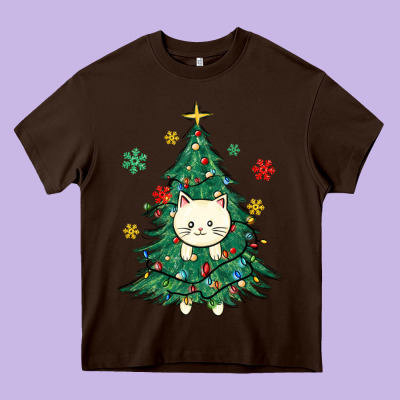 Christmas Tree Cat Heavy Core Tee Designed By Maliassmallbusiness