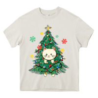 Cream christmas tree cat Heavy Core Tee - MaliasSmallBusiness
