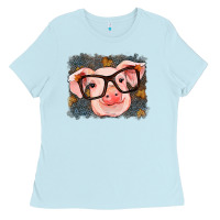 Baby Blue Fall Autumn Pig Ladies Tee - RanaPortraitStore