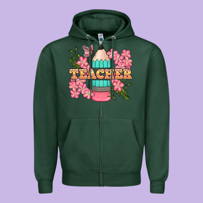 Teacher Floral Pencil Zipper Hoodie Designed By Bundleandbundleshop