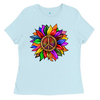 Baby Blue Pride LGBTQ+ Sunflower With Peace Ladies Tee - BundleAndBundleShop