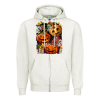 Oatmeal Heather Halloween Pumpkins Zipper Hoodie - BundleAndBundleShop
