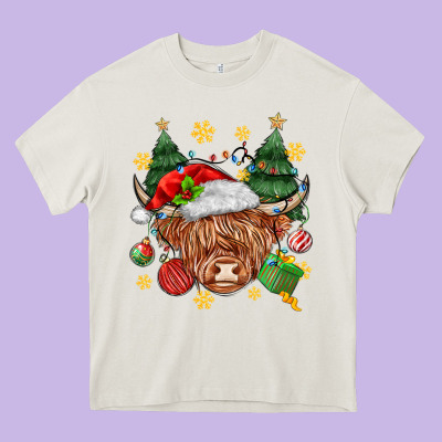 Christmas Highland Cow Heavy Core Tee Designed By Maliassmallbusiness