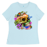 Baby Blue Pride Skull And Transgender Symbol With Peace Ladies Tee - BundleAndBundleShop