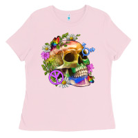 Bubblegum Pink Pride Skull And Transgender Symbol With Peace Ladies Tee - BundleAndBundleShop