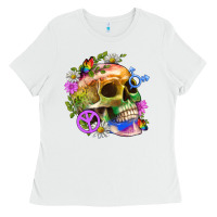 White Pride Skull And Transgender Symbol With Peace Ladies Tee - BundleAndBundleShop