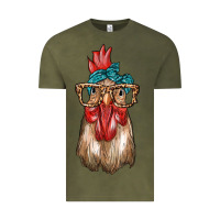 Vintage Olive chicken with bandana and leopard Vintage Tee - texasbilliewilder