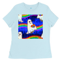 Baby Blue Pride lgbtq ghosts and heart with rainbow seamless Ladies Tee - BundleAndBundleShop