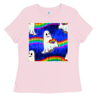Bubblegum Pink Pride lgbtq ghosts and heart with rainbow seamless Ladies Tee - BundleAndBundleShop