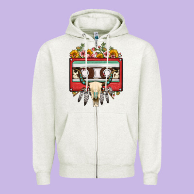 Bull Skull Sunflower Floral Cassette Zipper Hoodie Designed By Fadigitalartstudio
