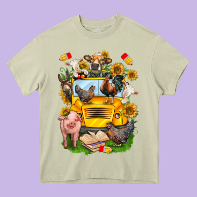 Farm Animals With School Bus Heavy Core Tee Designed By Nancycooperartshop