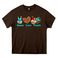 Chocolate Brown peace love teach Heavy Core Tee - NancyCooperArtShop