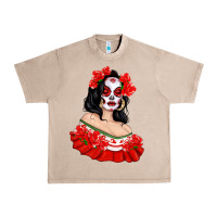 French Oak Mexicana Skull Girl with Roses Urban Heavy Tee - texasbilliewilder