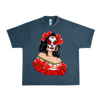 Midnight Navy Mexicana Skull Girl with Roses Urban Heavy Tee - texasbilliewilder