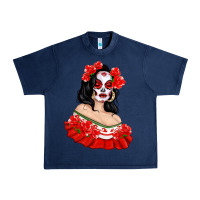 Navy Mexicana Skull Girl with Roses Urban Heavy Tee - texasbilliewilder