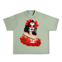 Oil Green Mexicana Skull Girl with Roses Urban Heavy Tee - texasbilliewilder