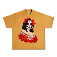 Peanut Butter Mexicana Skull Girl with Roses Urban Heavy Tee - texasbilliewilder