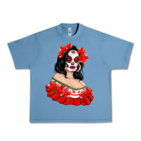 Pebble Blue Mexicana Skull Girl with Roses Urban Heavy Tee - texasbilliewilder