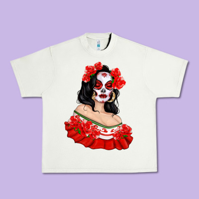 Mexicana Skull Girl With Roses Urban Heavy Tee Designed By Texasbilliewilder