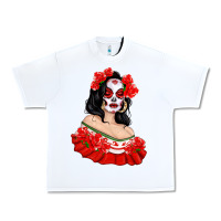 White Mexicana Skull Girl with Roses Urban Heavy Tee - texasbilliewilder