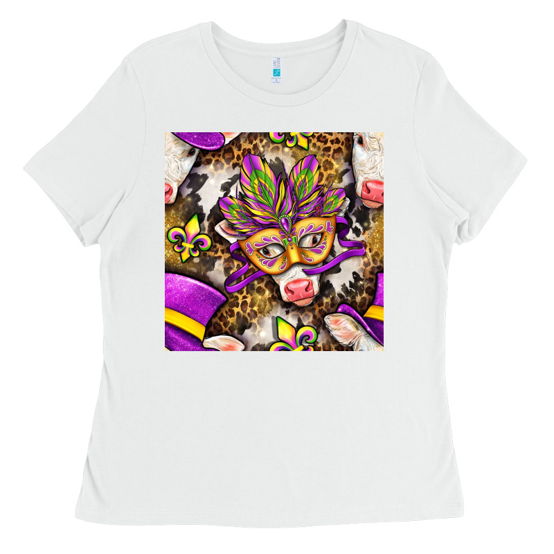Mardi Gras Cow With Carnival Mask Seamless Pattern Ladies Tee by BundleAndBundleShop | Teevron