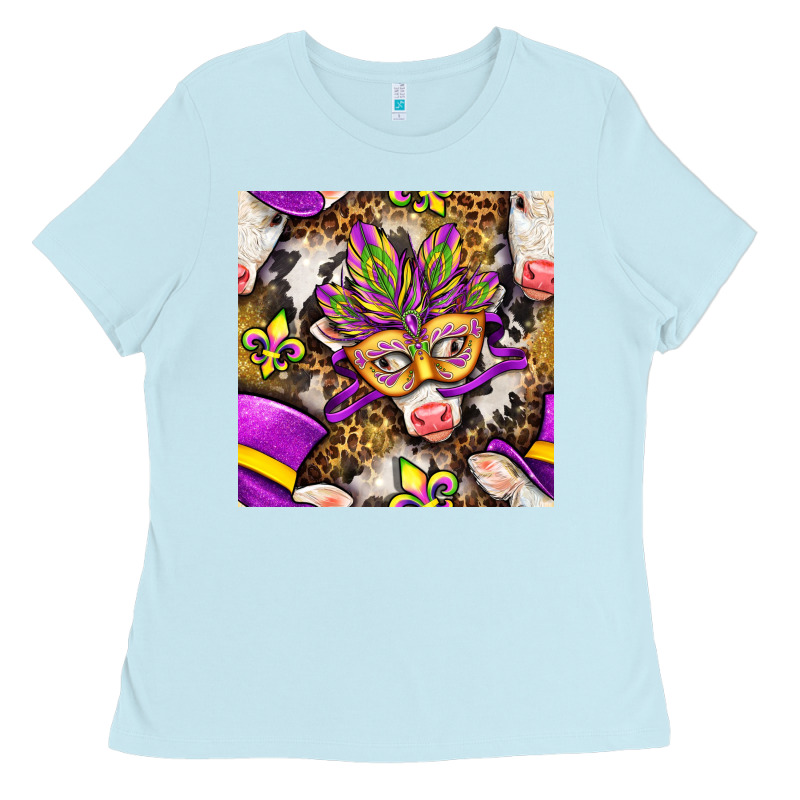 Mardi Gras Cow With Carnival Mask Seamless Pattern Ladies Tee by BundleAndBundleShop | Teevron
