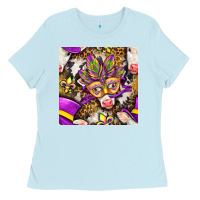 Baby Blue Mardi Gras cow with carnival mask seamless pattern Ladies Tee - BundleAndBundleShop