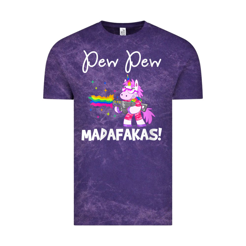 Womens Pew Madafakas Funny Fantasy Unicorn With Rainbow Gun   White V Vintage Tee by linhVisuals | Teevron