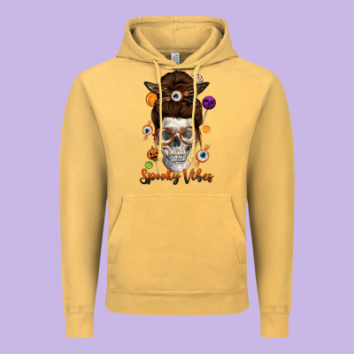 Spooky Vibes Skull Messy Bun Vintage Hoodie Designed By Texasbilliewilder